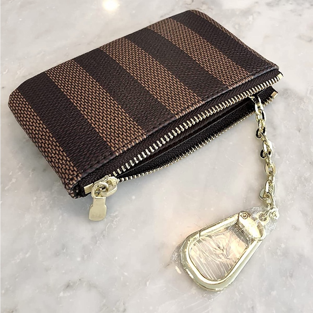 NEW Rauder Coated Canvas Brown Stripe Zip Key Chain Mini Wallet Card Holder